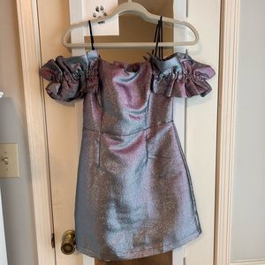 DO + BE Collection silver luminescent party dress with ruffle sleeves size small